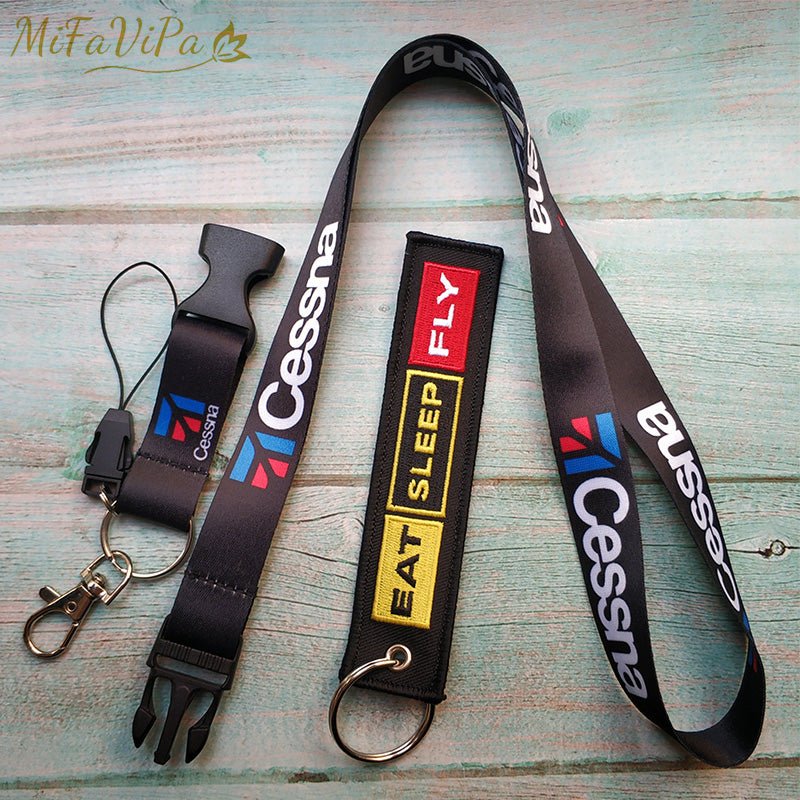 2 PCS FASHION BLACK CESSNA LANYARDS NECK STRAP CHAVEIRO EAT SLEEP FLY KEY CHAIN - PILOTSX